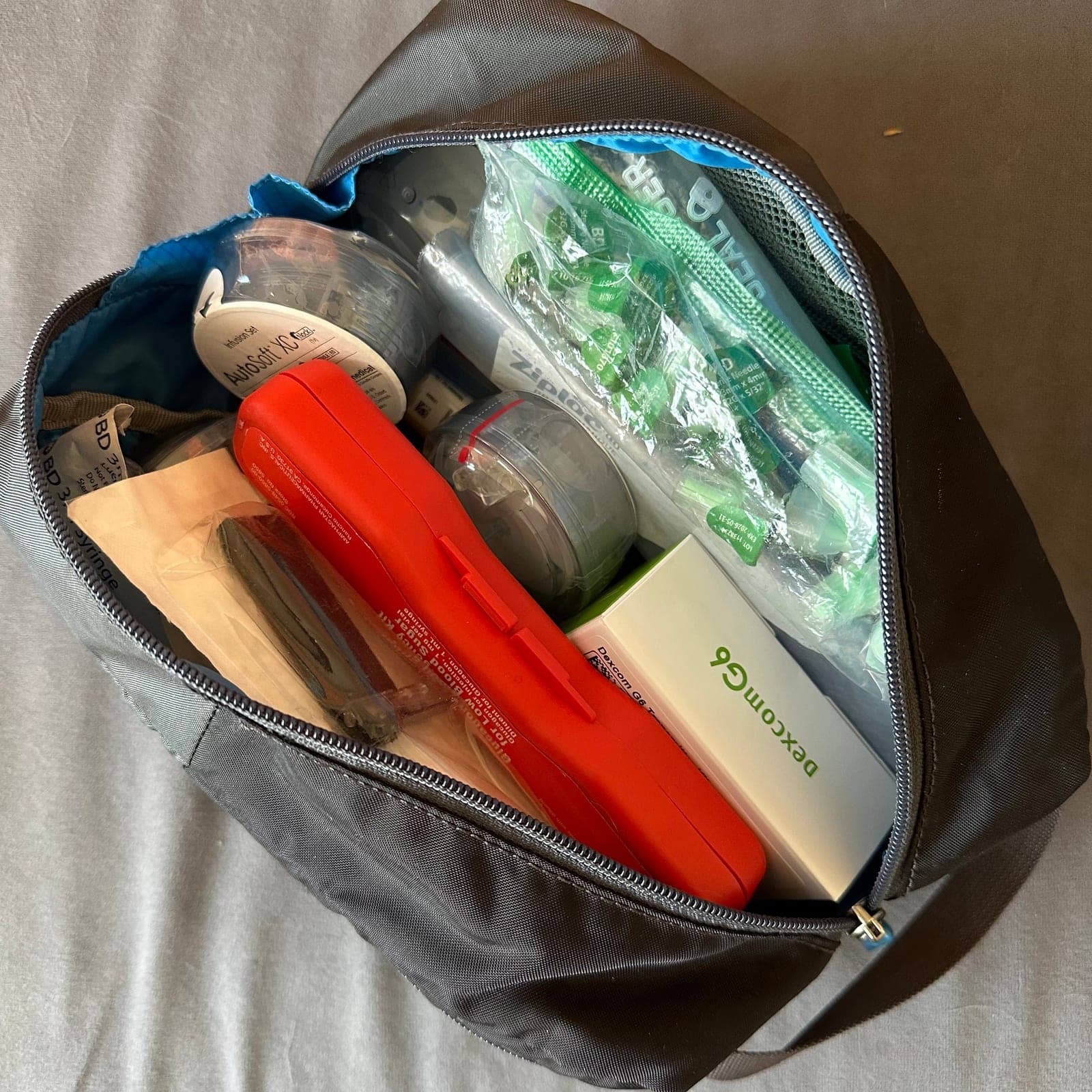 A diabetes go-bag packed with supplies